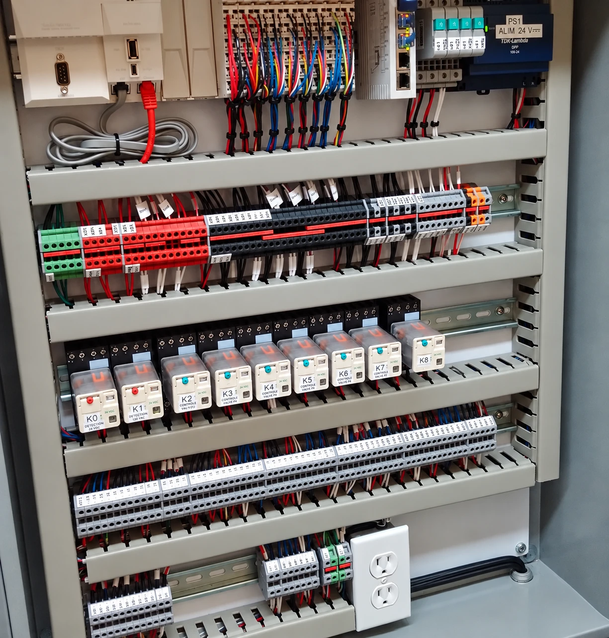 Armoire d'automate câblée : automate, borniers et relais identifiés